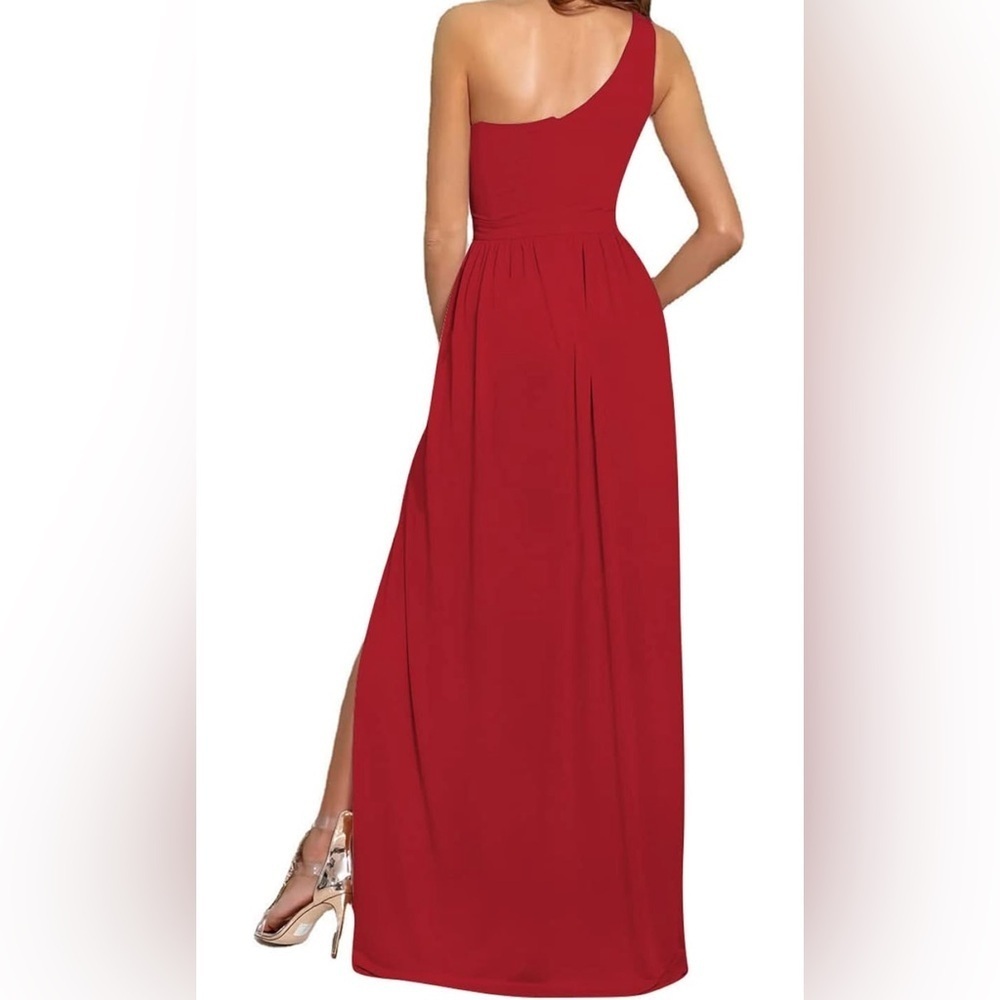 Red Elegant One Shoulder Maxi Dress with High Slit - Picture 3 of 5